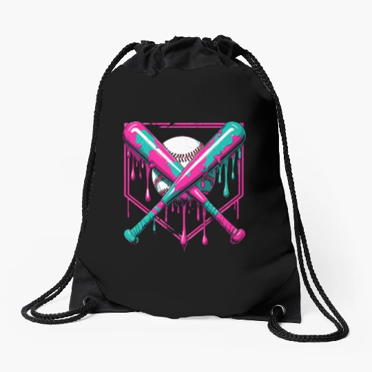 Neon Baseball Bat and Ball Art Drawstring Bags