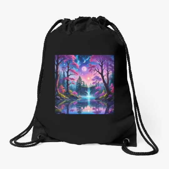 Fantasy Landscape with Waterfall and Moon Drawstring Bags