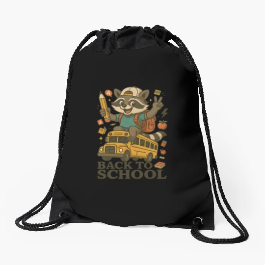 Funny Cute Raccoon Bus Back to School Teacher Drawstring Bags