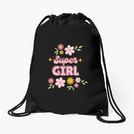 Super Girl Floral Sparkle Design Drawstring Bags