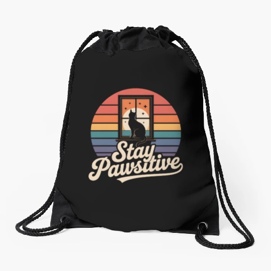Stay Pawsitive Retro Cat Window Starry Night Drawstring Bags
