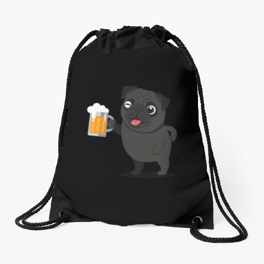 Playful Pug with Beer Mug Drawstring Bags