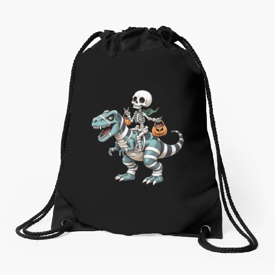 Skeleton Riding Mummy Dinosaur Funny Halloween Drawstring Bags