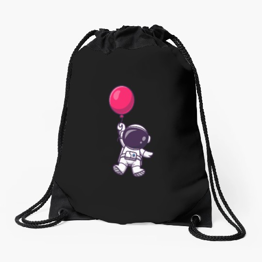 Astronaut Holding Pink Balloon Illustration Drawstring Bags