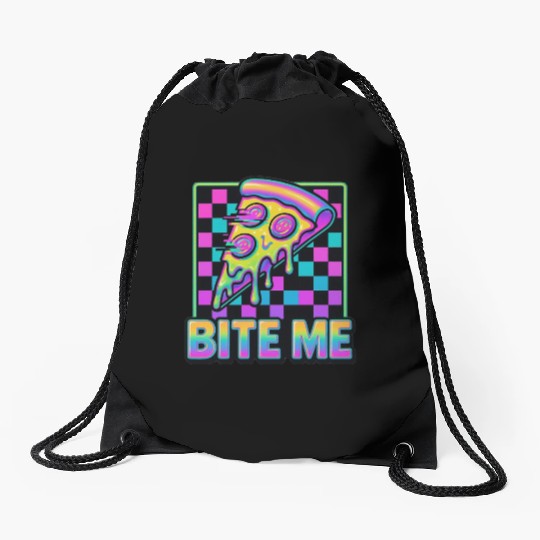 Bite Me – Y2K Glitch Pizza Neon Drawstring Bags