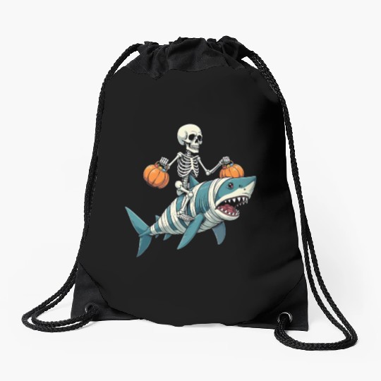 Skeleton Riding Shark Mummy Funny Halloween Drawstring Bags