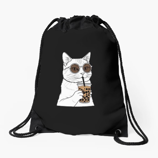 Cool Cat with Bubble Tea and Sunglasses Drawstring Bags