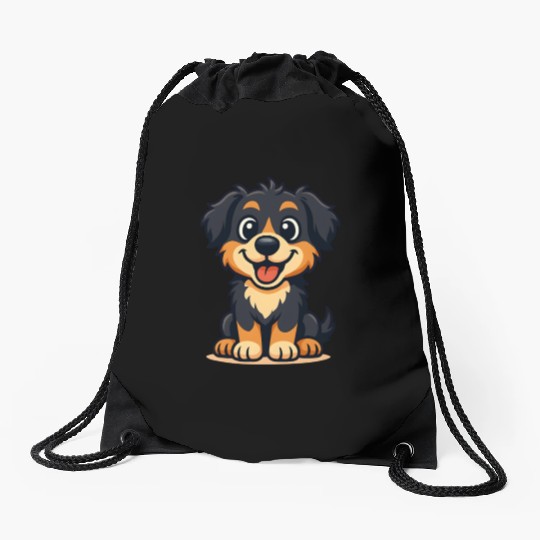 Playful Border Collie Cartoon Design Drawstring Bags