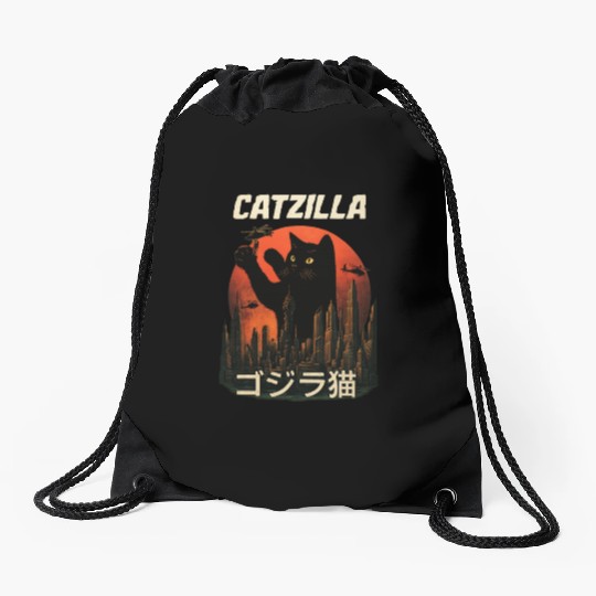 Vintage Catzilla: Funny Cat Monster Drawstring Bags