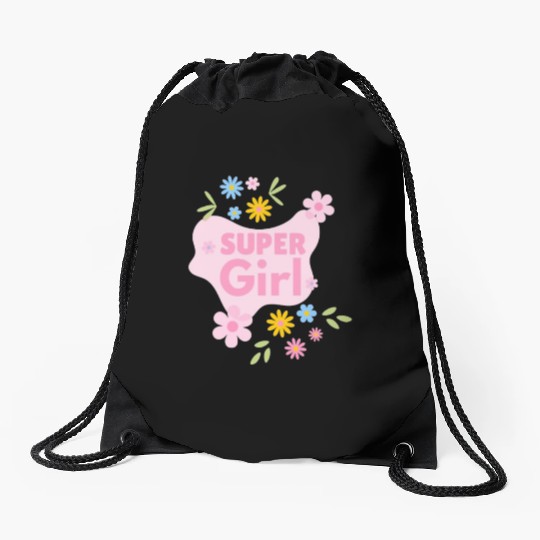 Super Girl Floral Badge Design Drawstring Bags