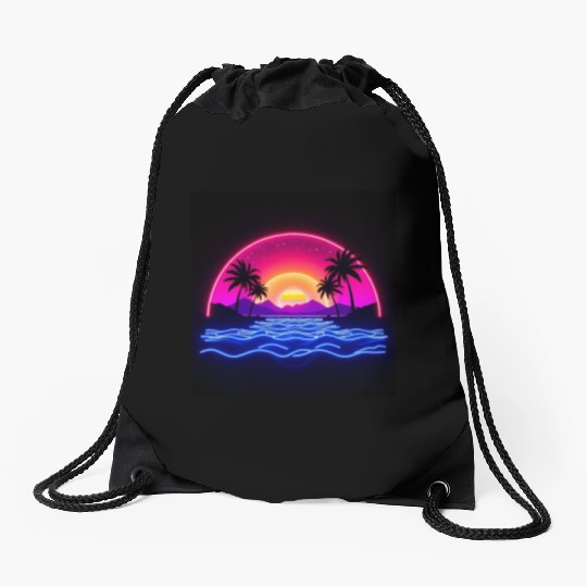 Neon Sunset Over Tropical Island Drawstring Bags