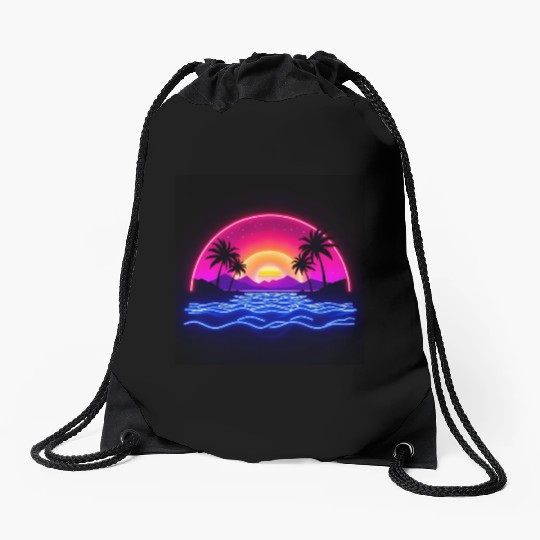 Neon Sunset Over Tropical Island Drawstring Bags