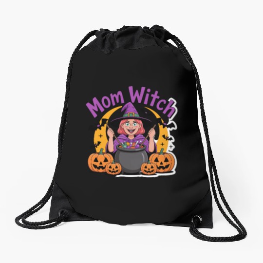 Mom Witch with Cauldron Halloween Design Drawstring Bags