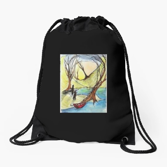 Serene Autumn River Scene Illustration Drawstring Bags