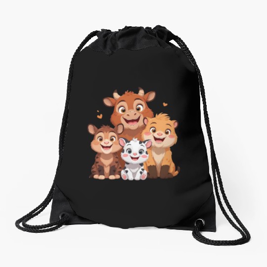 "Cute Farm Animal Friends – Cartoon Cow, Tiger, Li Drawstring Bags