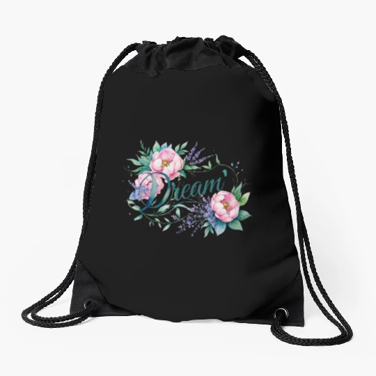 Elegant Floral 'Dream' Typography Design Drawstring Bags