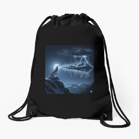 Mystic Mountain Wolf Sound Wave Drawstring Bags