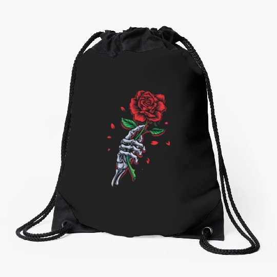 Skeleton Hand with Rose – Gothic Romance Art Drawstring Bags