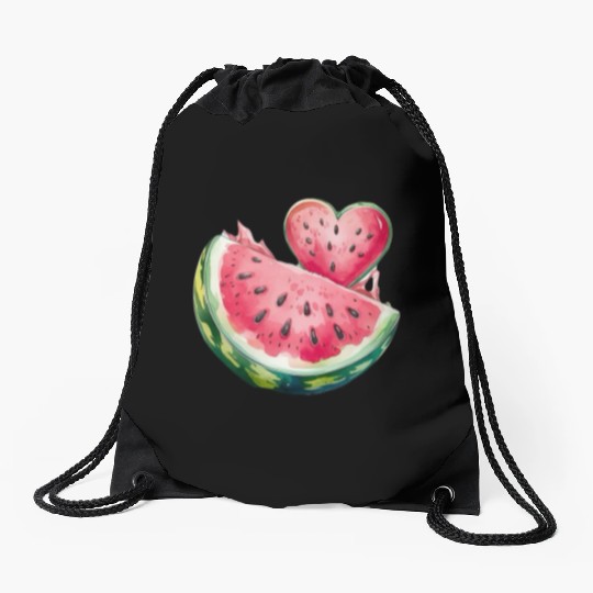 Watermelon Heart Fruit Illustration Drawstring Bags