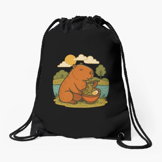 Bear Enjoying Ramen by the Lake Drawstring Bags