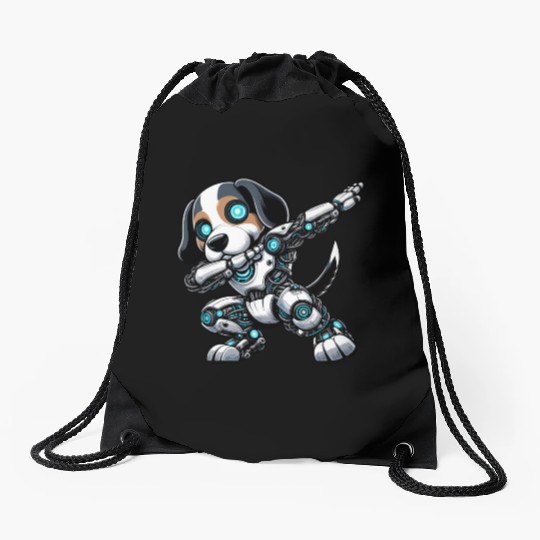 Cool beagle robot astronaut dabbing cartoon Drawstring Bags