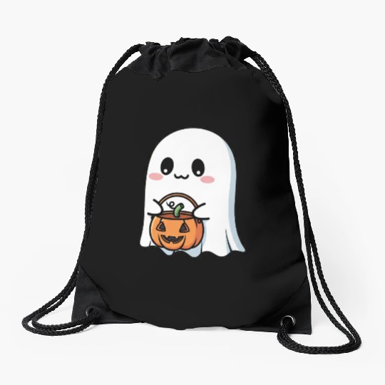 Cute Ghost with Pumpkin Drawstring Bags