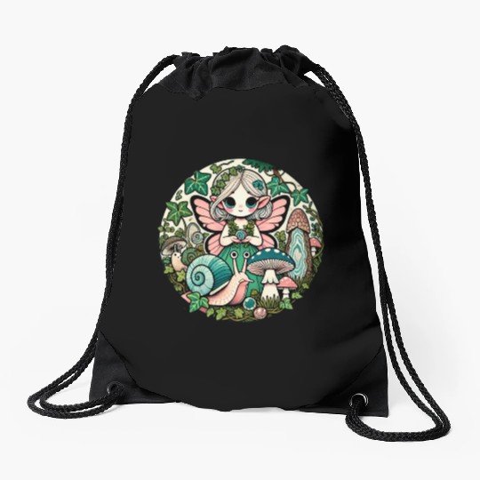 Enchanted Forest Fairy Illustration Drawstring Bags