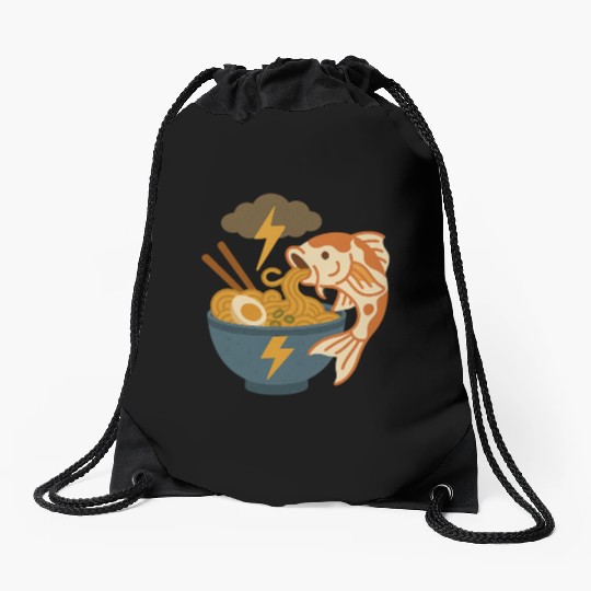 Electrified Fish Ramen Illustration Drawstring Bags
