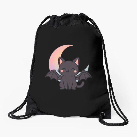 Cute Bat and Moon Illustration Drawstring Bags