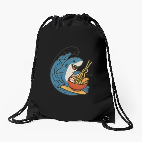 Playful Shark Enjoying Ramen Drawstring Bags