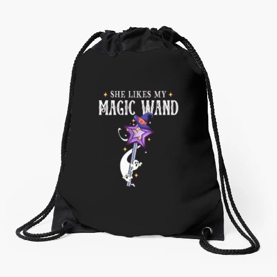 Magical Wand with Witch Hat Illustration Drawstring Bags