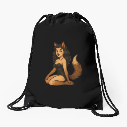 Enchanted Wolf Girl Illustration Drawstring Bags