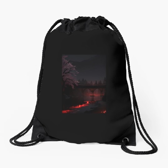 Nighttime Bridge and Cherry Blossom Scene Drawstring Bags