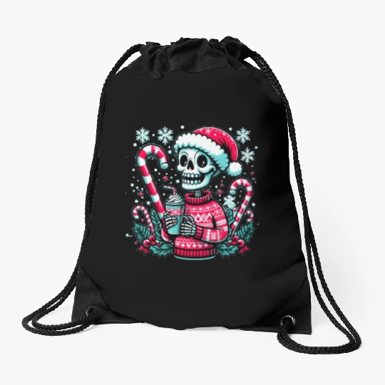 Festive Skeleton in Santa Hat Drawstring Bags