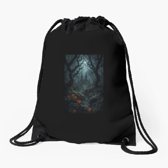 Enchanted Forest with Haunted Castle Drawstring Bags