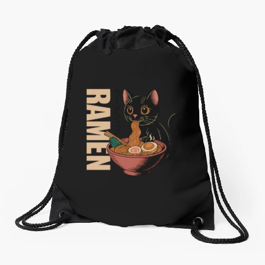Black Cat Ramen Illustration Drawstring Bags