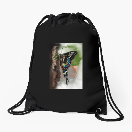 Vivid Butterfly Emerging from Bark Drawstring Bags