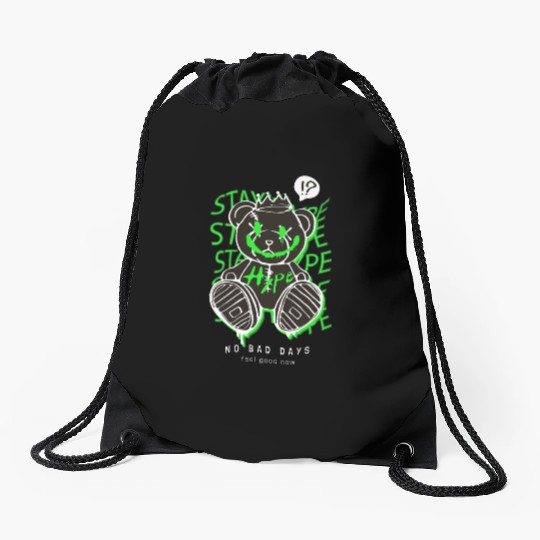 Neon Green Grunge Teddy Bear Design Drawstring Bags