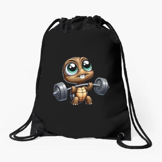 Chibi turtle with barbell weightlifter cartoon Drawstring Bags