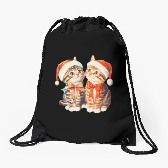 Festive Kittens in Santa Hats Drawstring Bags