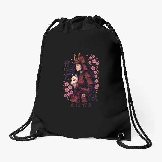 Anime Samurai Woman with Fox Mask Drawstring Bags