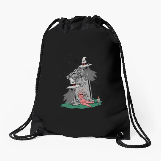 Spooky Witch and Doll Halloween Illustration Drawstring Bags
