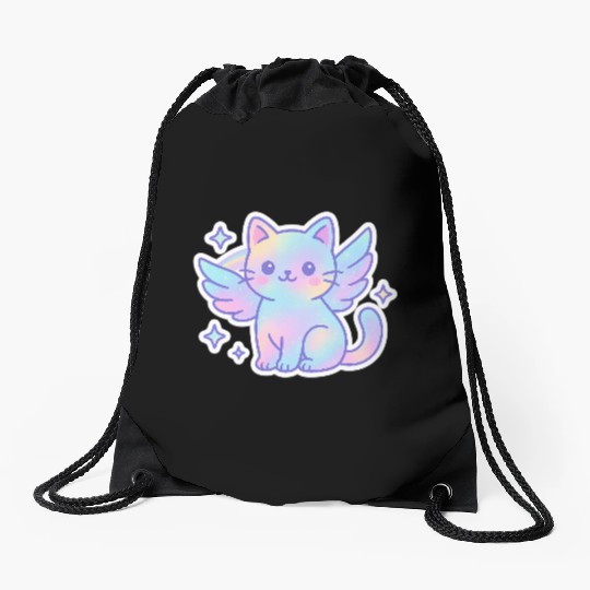 Celestial Winged Cat Illustration Drawstring Bags