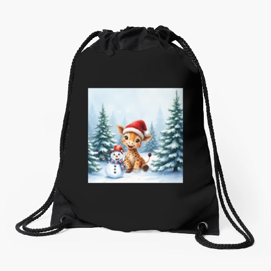 Festive Giraffe with Snowman Santa Hat Drawstring Bags