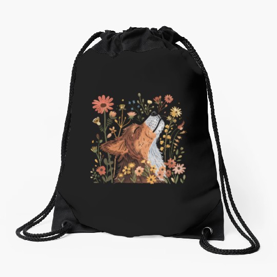 Serene Howling Wolf Amid Floral Bloom Drawstring Bags