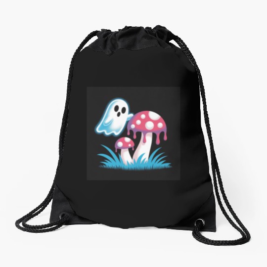 Whimsical Ghost and Mushrooms Illustration Drawstring Bags