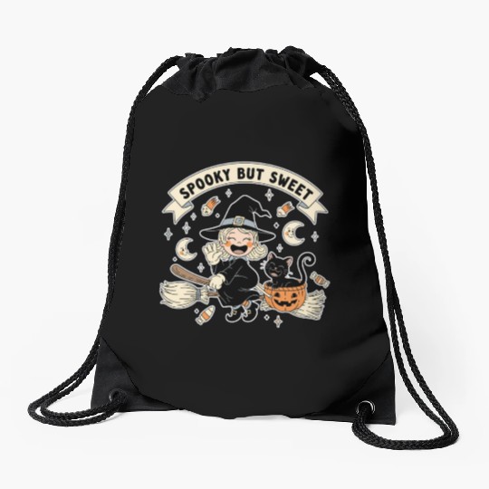 Whimsical Halloween Witch and Cat Design Drawstring Bags