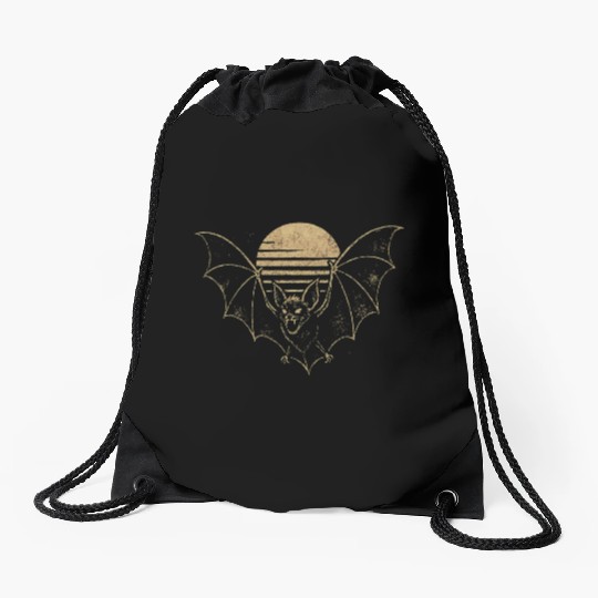 Retro Sunset Bat Silhouette with Full Moon Drawstring Bags