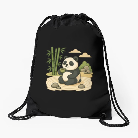 Serene Panda in Bamboo Garden Drawstring Bags