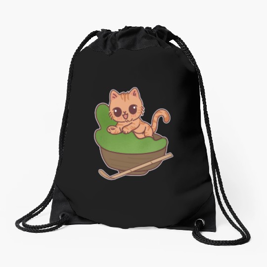 Kawaii Cat in Matcha Tea Bowl Drawstring Bags